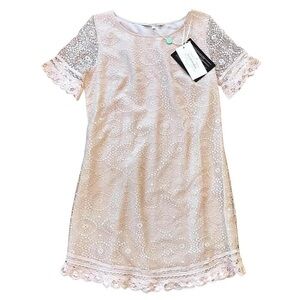 Wendy Katlen Anthropologie Lace Crochet Sheer Mini Dress Beige Blush Size 6